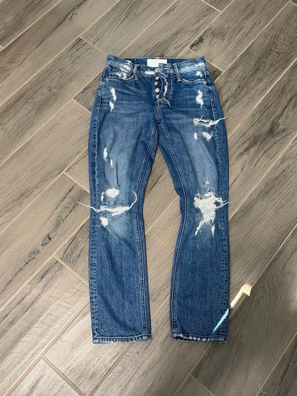 MOTHER Distressed Dark Blue Straight-Leg Jeans